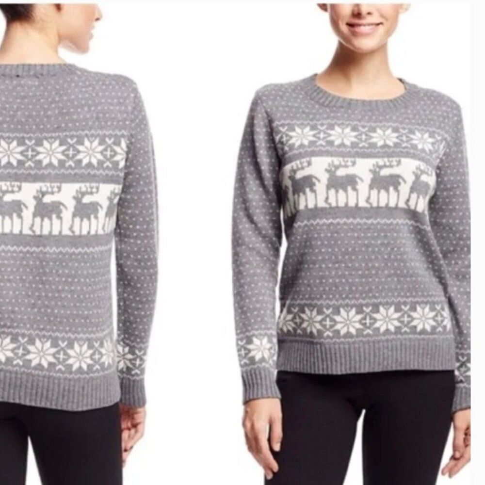 POL Gray Fair Isle Reindeer Snowflake Knit Sweater Size M Holiday